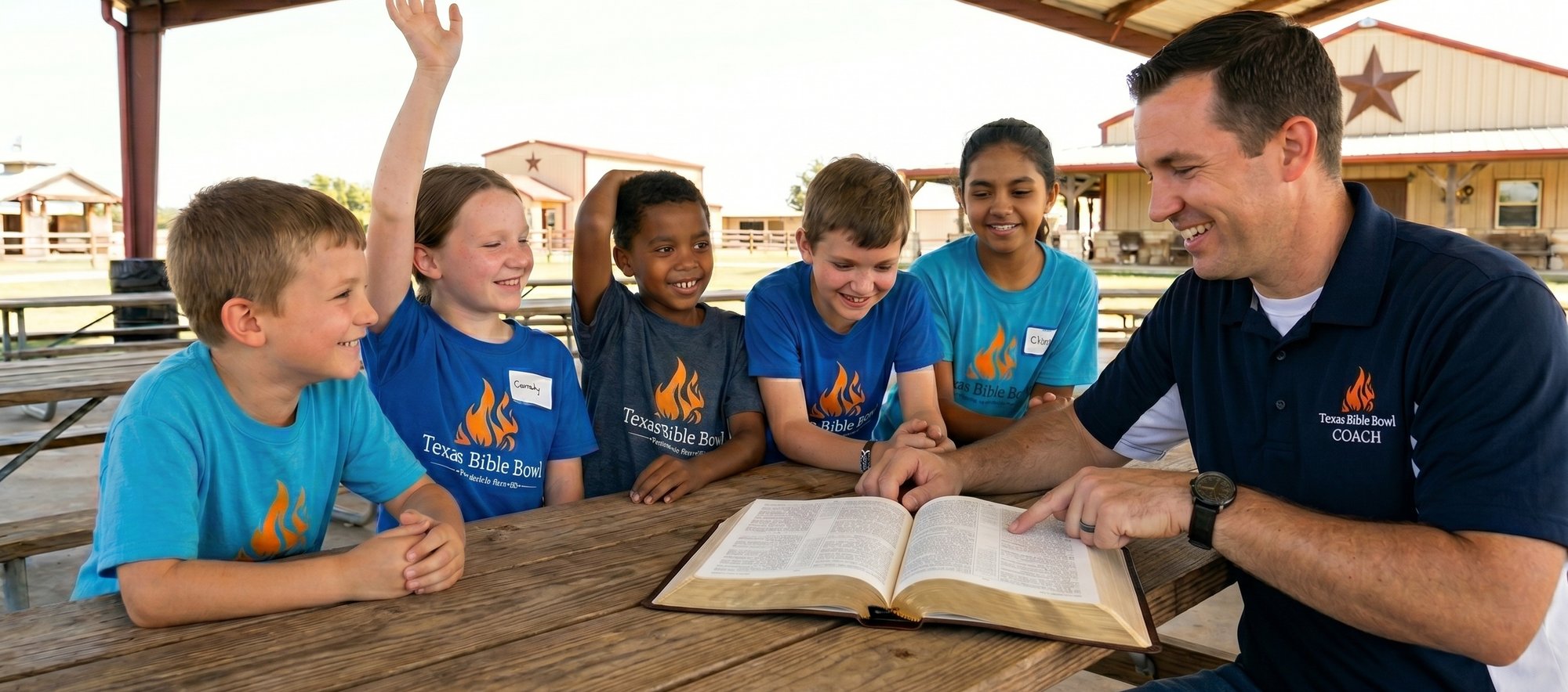 A Texas Bible Bowl coach studying an open Bible with a group of smiling children at a ranch pavilion.